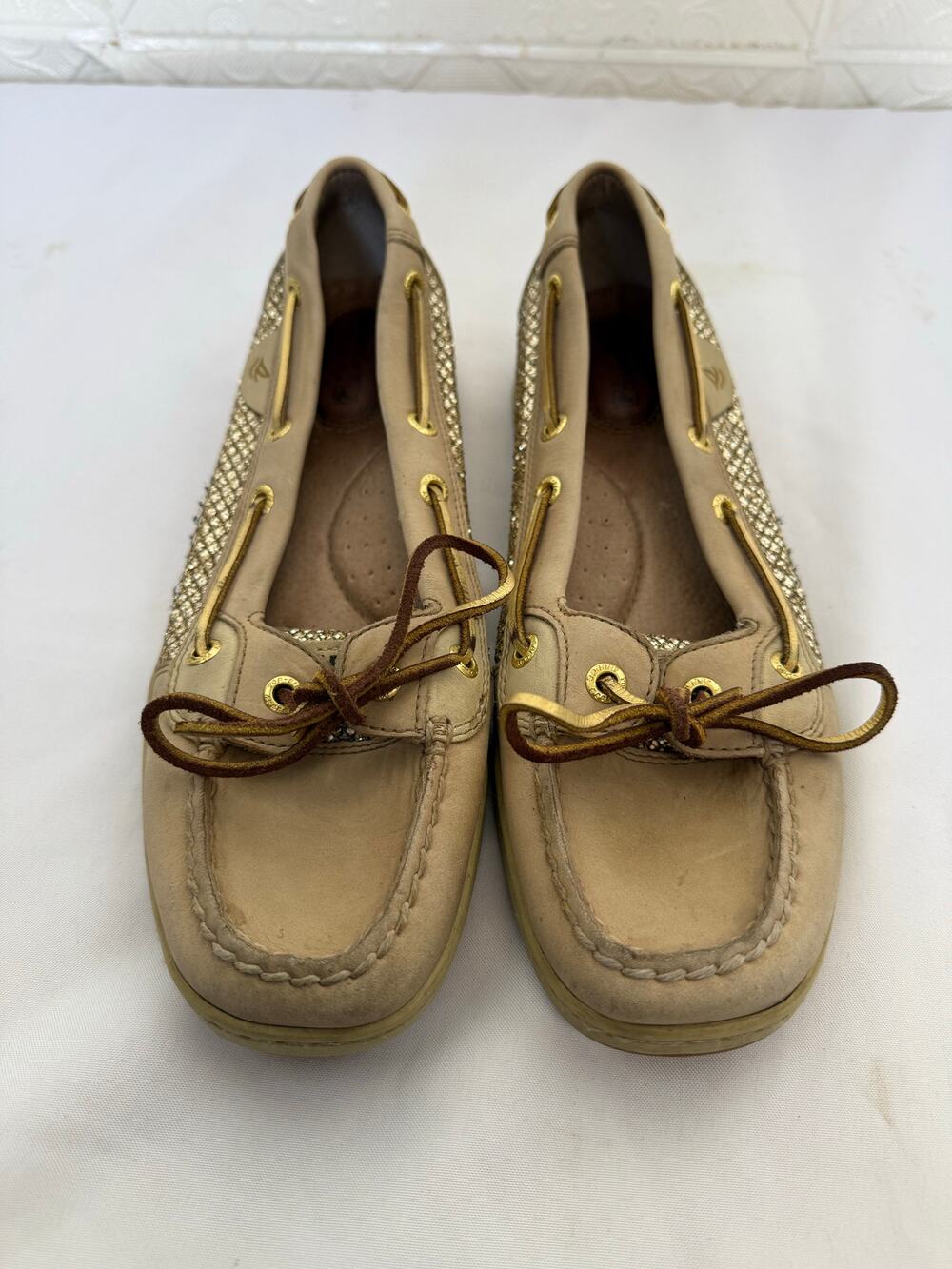SKU 2104 Sperry Top-Sider Boat Shoes  Tan Leather Gold Bling Women's Size 8.5